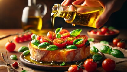 A close-up image capturing the moment a chef's hands drizzle golden olive oil over a vibrant bruschetta.