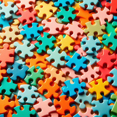 A background of colorful puzzle pieces.View from above