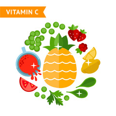 Set of food that contains vitamin C, used for info graphics