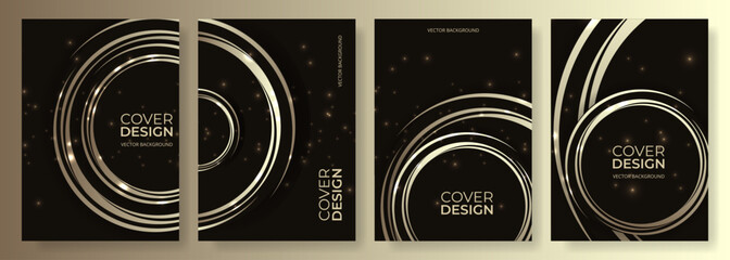 Black and gold abstract vertical background cover set with lights, golden circles and circular lines. Geometric modern posters collection. Luxury design cover templates for brochure, book, flyer.