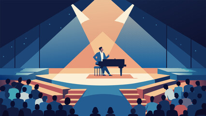 In a crowded concert hall a soloist takes center stage under a spotlight surrounded by a mosaic of musical notes. In the corner of the stage a - obrazy, fototapety, plakaty
