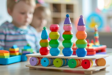 Preschool teacher with children playing with colorful wooden didactic toys at Classroom business studying concept - obrazy, fototapety, plakaty