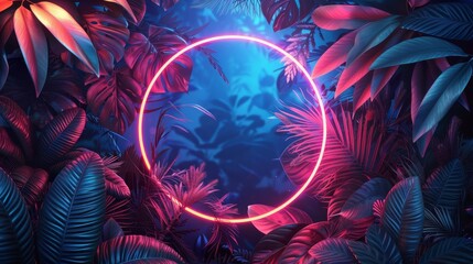A 3D illustration of a glowing neon circle surrounded by tropical leaves