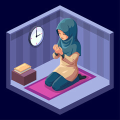 Isometric illustration, moslem girl praying