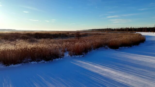 Aerial field of tall grass near river and lake with snow on the ground. The sky is blue and the sun is shining, long shadows, field is brown and beige, with some patches of green