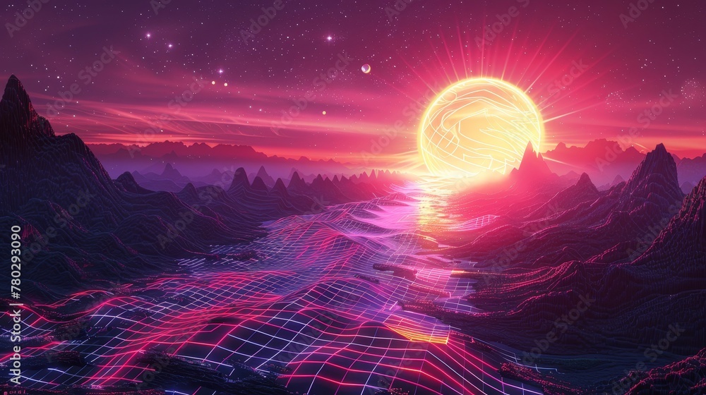 Poster a 3d landscape illuminated by a neon sun, with grid-like structures, retro elements, and wave patter