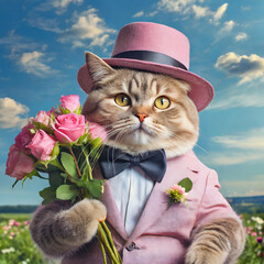 素敵な人に会いに行くのかな？花束を持ち、ピンクの帽子を被って蝶ネクタイをした可愛い猫の紳士と青空 - obrazy, fototapety, plakaty