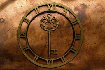 Abstract coat of arms of eternal secrets. Brass key in the dial against a background of patinated bronze sheet.