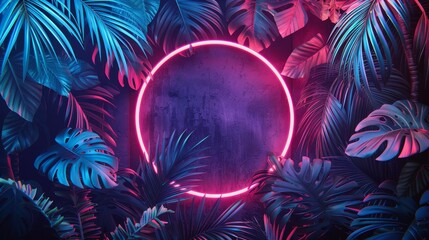 A 3D render featuring a vibrant neon circle surrounded by lush tropical leaves