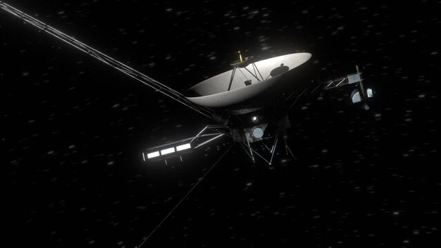 High quality and very detailed orbiting shot of the space probe Voyager 1 as sunlight reflects on its solar panels, in deep space on its mission 20 billion km from Earth