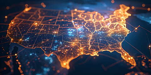 an image of the united states map with lines and connections, night photography, aerial view, light , internet , networks connections concept ,  space view , technology - obrazy, fototapety, plakaty