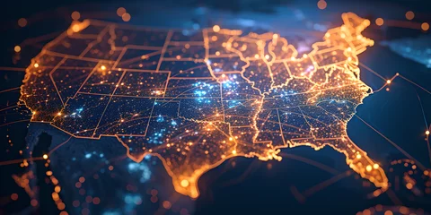 Foto op Plexiglas an image of the united states map with lines and connections, night photography, aerial view, light , internet , networks connections concept ,  space view , technology © YOUCEF