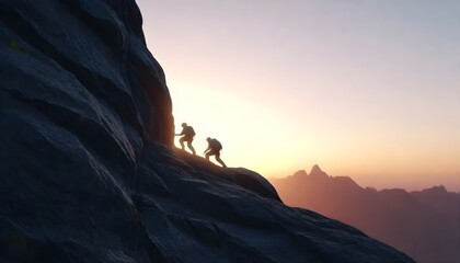 Two people climbing a steep rock silhouetted against the sunset.