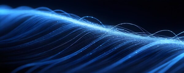 Abstract image of glowing blue fiber optic cables, Data transmission background concept