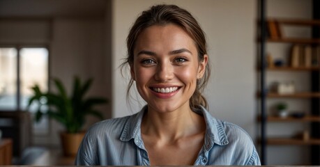 Profile picture of happy millennial caucasian woman posing in own new home apartment. Close up headshot portrait of smiling female renter or tenant satisfied with real estate agency services. - Powered by Adobe