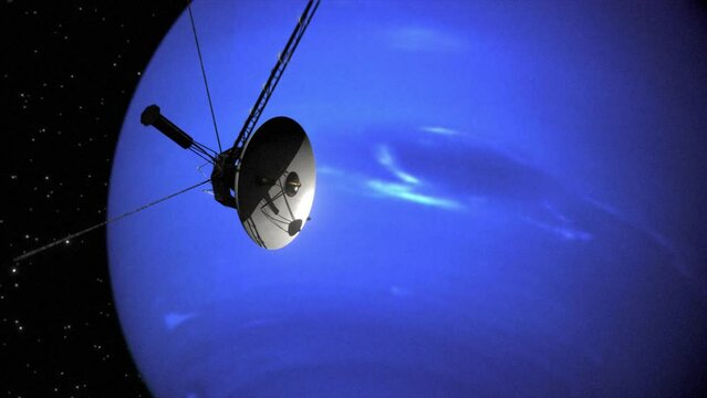 High quality and very detailed CGI render of a slow smooth orbit shot of the probe Voyager 2 as it passes the planet Neptune on the edges of the Solar System