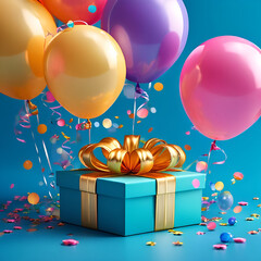 studio-background-with-balloons-pretty-shaped-gift-box-around-sparkling-effect-realismcute.Generative AI