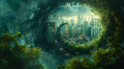 A dreamlike scenario featuring a spiral green world, where a cityscape resides inside an eggshell - obrazy, fototapety, plakaty