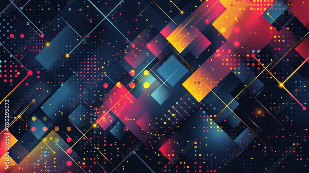 Poster a dynamic geometric backdrop adorned with colorful dots and interlocking lines