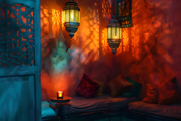 interior for ramadan concept A cozy sitting area in a Moroccan Riad, with comfortable cushions and decorative lanterns, evoking a sense of relaxation and luxury.