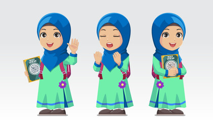 Set of character Moslem girl wearing hijab and backpack holding holy Quran and pray