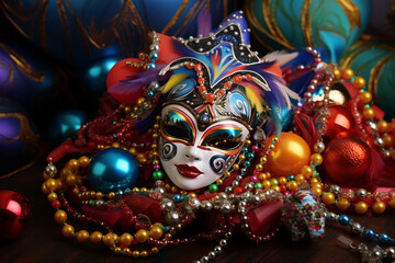 Banner consisting from traditional species carnival mask in beads for celebration holiday Purim, Ai generated