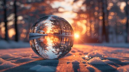 Fototapeta na wymiar A holiday-themed 3D vector illustration featuring a Christmas glass ball displaying a serene road scene at sunset