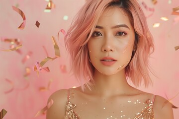 Asian young woman with pastel color hair in glitter dress golden foil confetti, pastel pink background, party