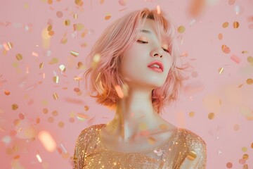 Asian young woman with pastel color hair in glitter dress golden foil confetti, pastel pink background, party