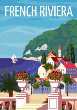 French Riviera Nice coast poster vintage. Resort, coast, sea, beach. Retro style illustration vector