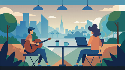 Two friends sit on opposite ends of a Skype call one in a bustling city cafe and the other in a rural field both enjoying the same livestreamed - obrazy, fototapety, plakaty