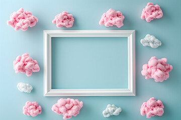 Vintage white frame with pink cloud shapes on a light blue background, minimal composition of the border.