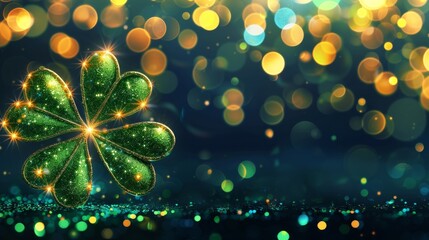 A dazzling green clover sparkling amidst a sea of golden bokeh lights on a deep blue background. - 780296459