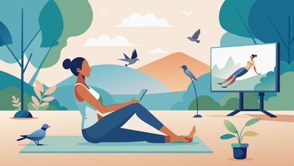A woman relaxes in her backyard flipping through different workout videos on her smart TV as she follows along with the instructor. The sun is