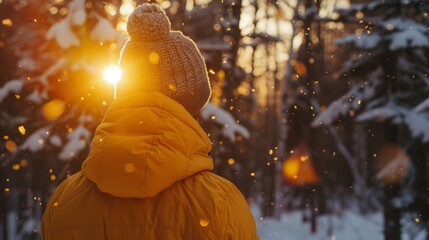 A person in a yellow jacket stands amidst a snowfall, watching the sunset in a winter forest.