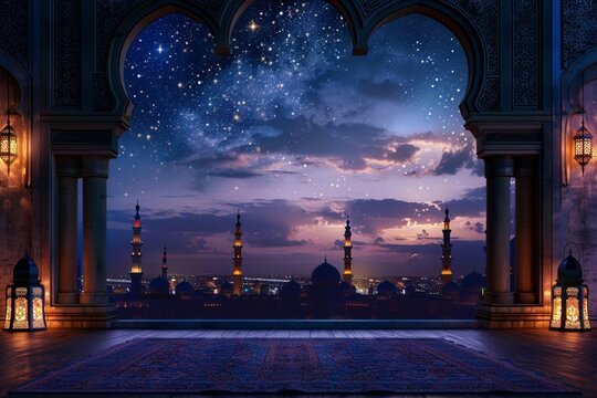 Islamic ramadan greetings background design with ornamental door galaxy sky,Luxurious Arabic background with stylish patterns and ornate arch frame, copyspace or textspace