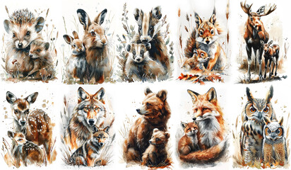 Forest animals with their cute little cubs. Watercolor illustration of forest wild animals on white background.. Generative AI