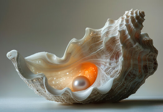 Round pearl in a shell on a white delicate pastel background. Generative AI