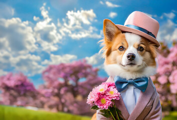 素敵な人に会いに行くのかな？花束を持ち、ピンクの帽子を被って蝶ネクタイをした可愛い犬の紳士と青空 - obrazy, fototapety, plakaty