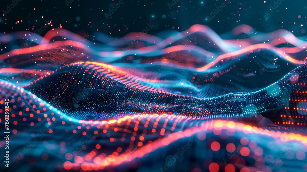 Wall mural abstract background with wavy red and blue glowing neon lines and bokeh lights