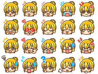 金髪お団子ヘア女子のちびキャラ顔アイコンイラスト素材セット