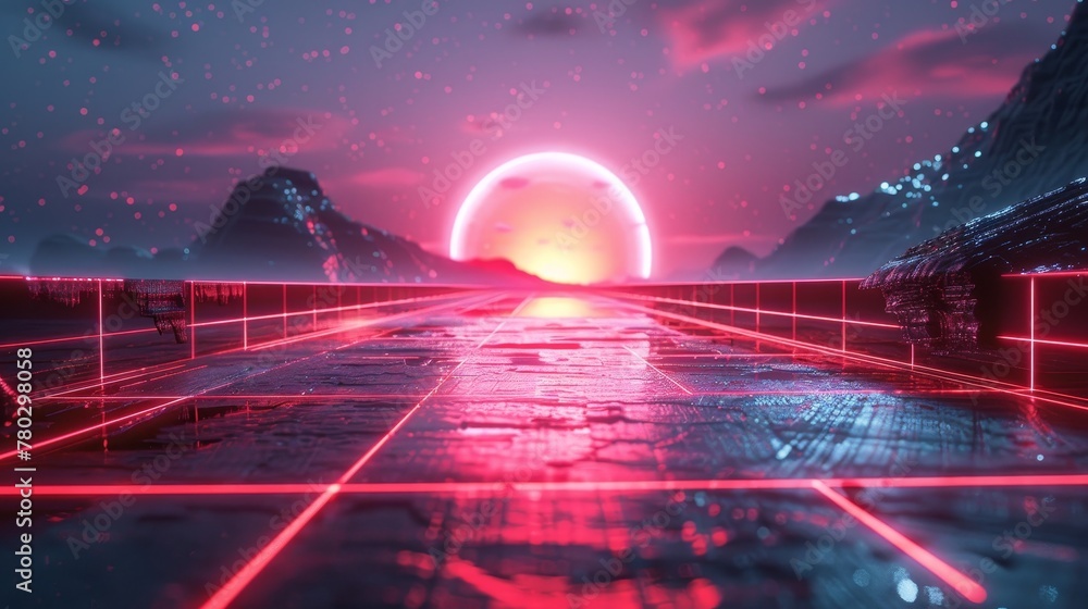 Poster an abstract 3d grid landscape featuring a neon sun and retro wave, blending futuristic aesthetics wi