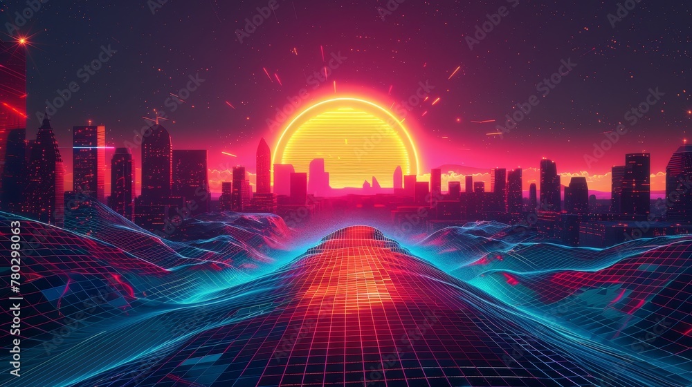 Poster an abstract 3d grid landscape featuring a neon sun and retro wave, blending futuristic aesthetics wi