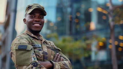 Portrait of a man in military uniform standing with a gun, wearing a green hat, smiling confidently - obrazy, fototapety, plakaty