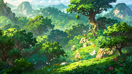 Illustration of lush green forest with vibrant floral. Summer forest. Fantasy world