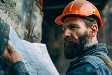 Serious construction worker reviewing plans