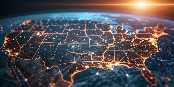 an image of the united states map with lines and connections, night photography, aerial view, light , internet , networks connections concept ,  space view , technology