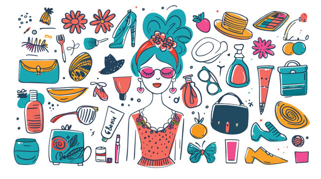 Beauty and fashion isolated doodles flat vector 