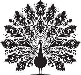 Hand Drawn Peacock Silhouette. Vector Illustration In Flat Style.