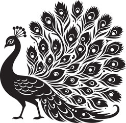 Hand Drawn Peacock Silhouette. Vector Illustration In Flat Style.